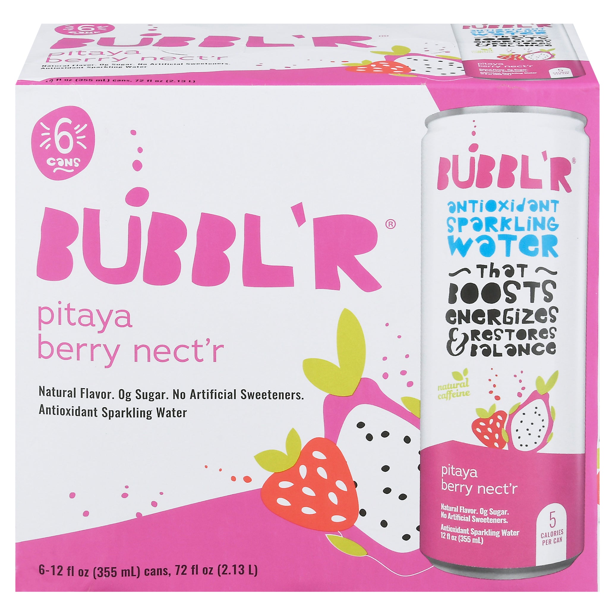 Bubbl'r Antioxidant Pitaya Berry Nect'r Sparkling Water 6 - 12 fl oz Cans - Case of 4