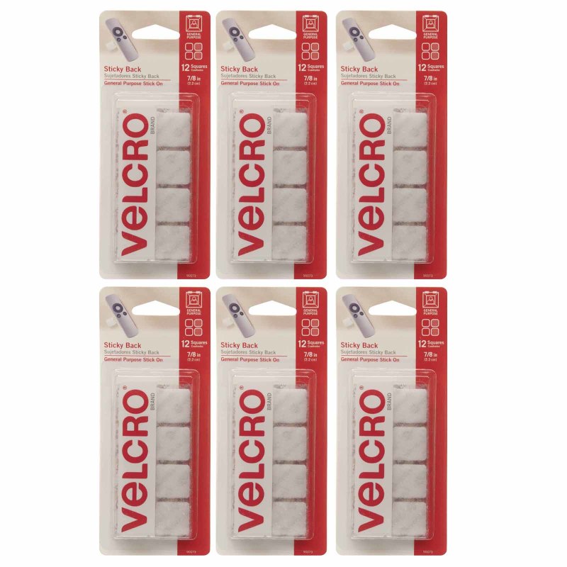 VELCRO - Sticky Back™ Square Fasteners, 7/8", White, 12 Per Pack, 6 Packs