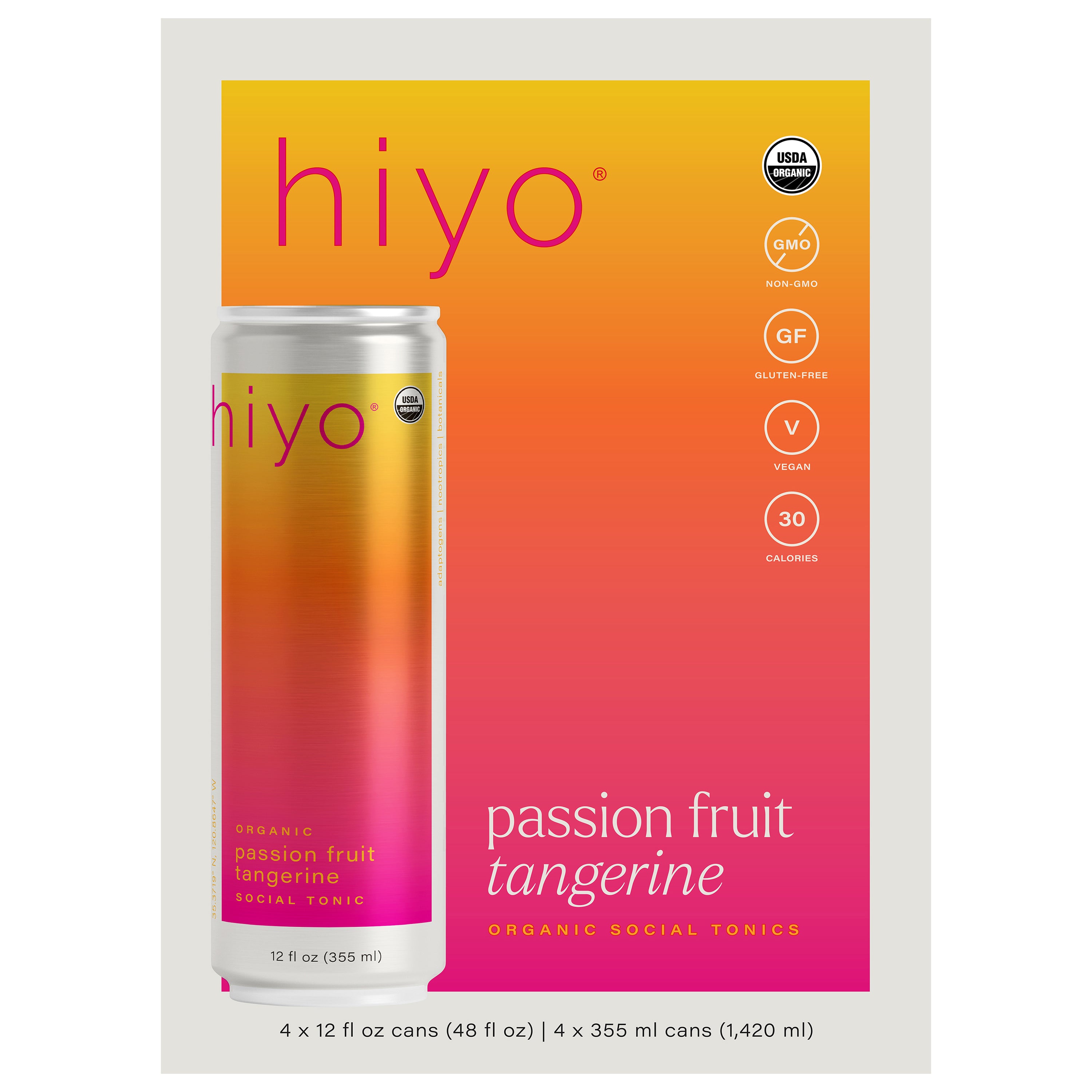 Hiyo Passion Fruit Tangerine Organic Social Tonic 4pk - Case of 6