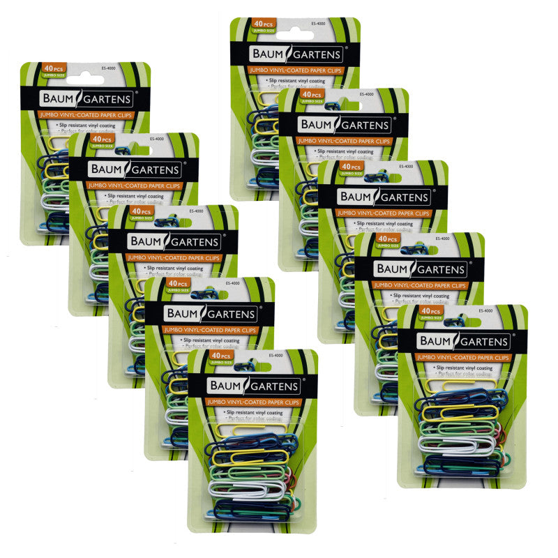 BAUMGARTENS - Vinyl-Coated Paper Clips, Jumbo Size, 40 Per Pack, 10 Packs