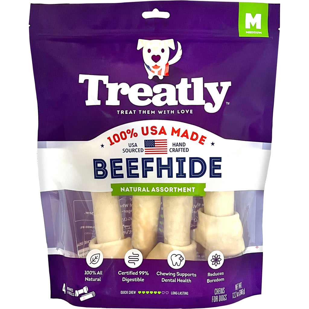 Treatly 100% Usa Beefhide Bones & Rolls (NATURAL, MD-4 PK)