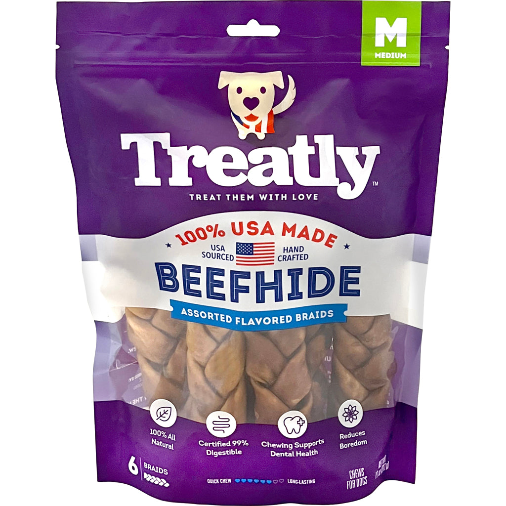 Treatly 100% Usa Beefhide Braids (CHICKEN/BEEF, 7 IN-6 PK)