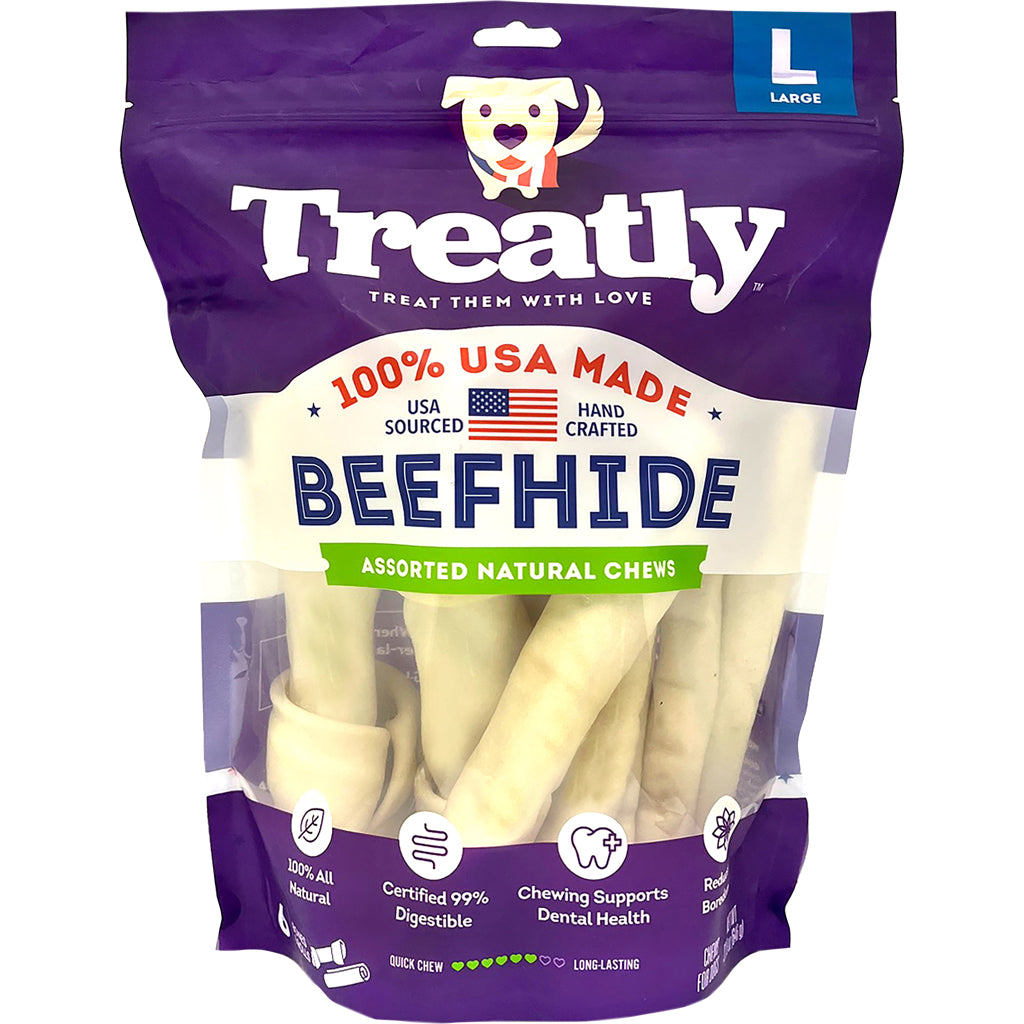 Treatly 100% Usa Beefhide Bones & Rolls (NATURAL, LG-6 PK)