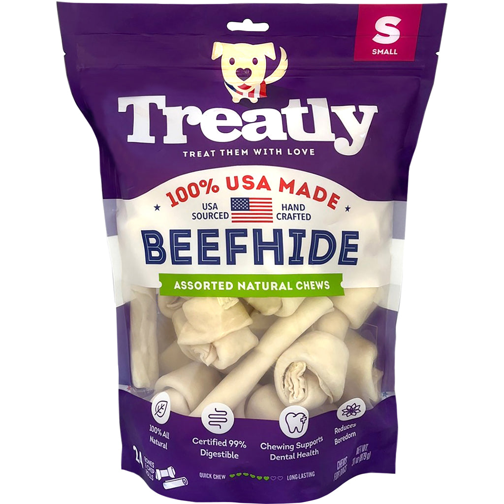 Treatly 100% Usa Beefhide Bones & Rolls (NATURAL, SM-24 PK)