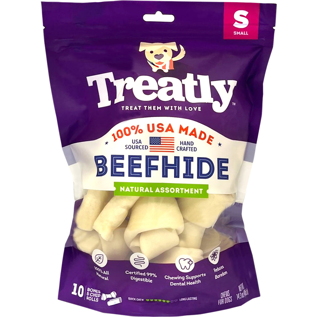 Treatly 100% Usa Beefhide Bones & Rolls (NATURAL, SM-10 PK)