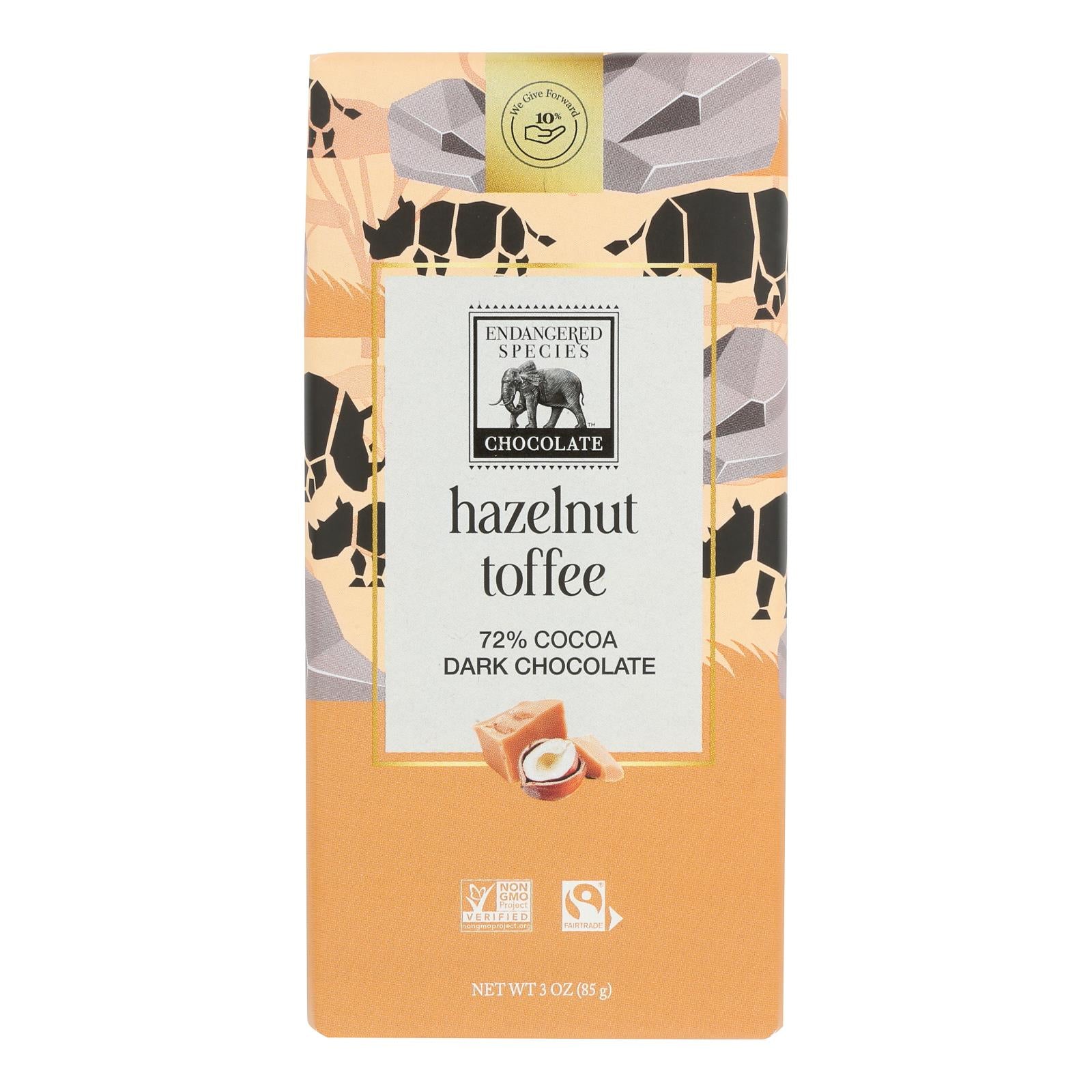 Endangered Species Natural Chocolate Bars - Dark Chocolate - 72 Percent Cocoa - Hazelnut Toffee - 3 oz Bars - Case of 12
