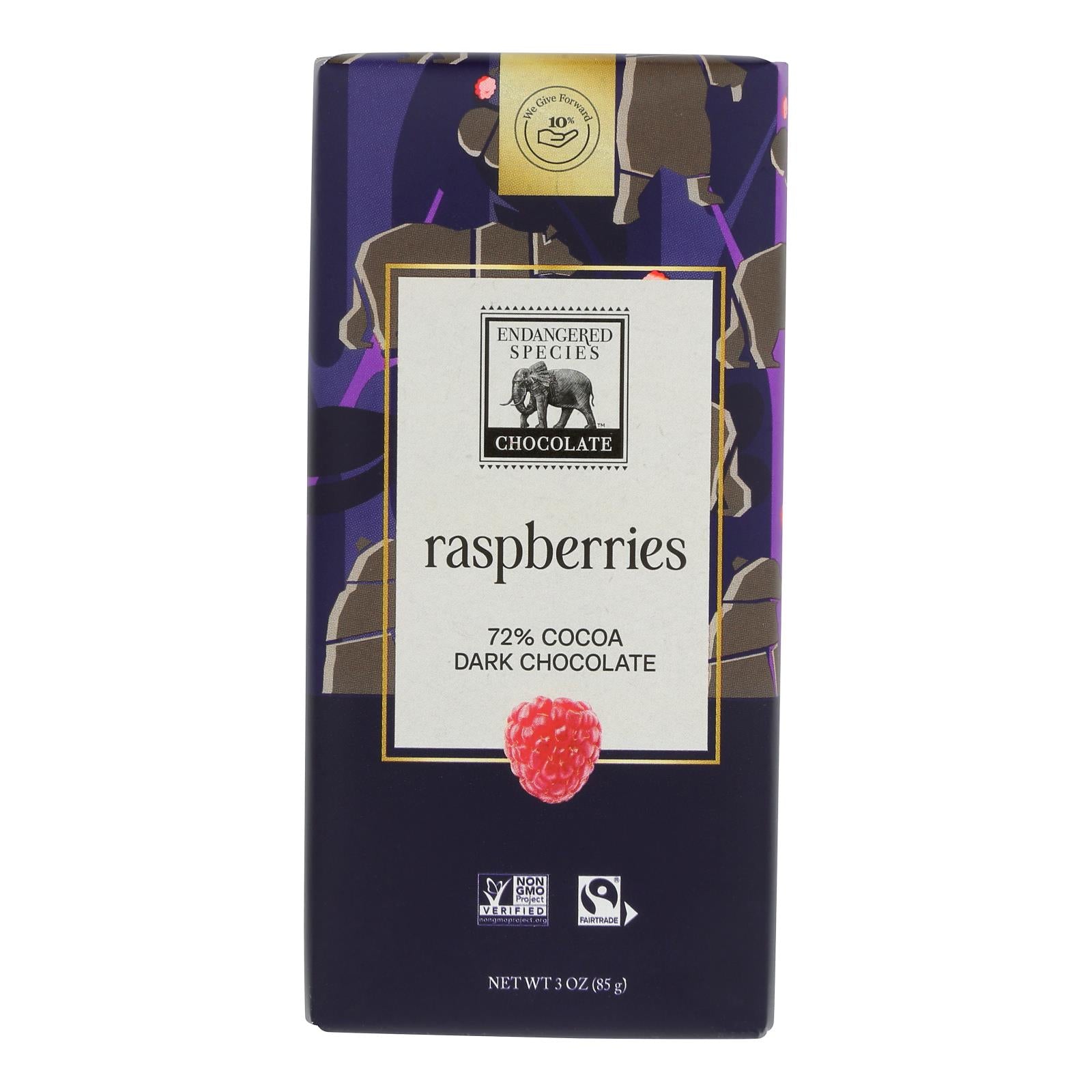 Endangered Species Natural Chocolate Bars - Dark Chocolate - 72 Percent Cocoa - Raspberries - 3 oz Bars - Case of 12