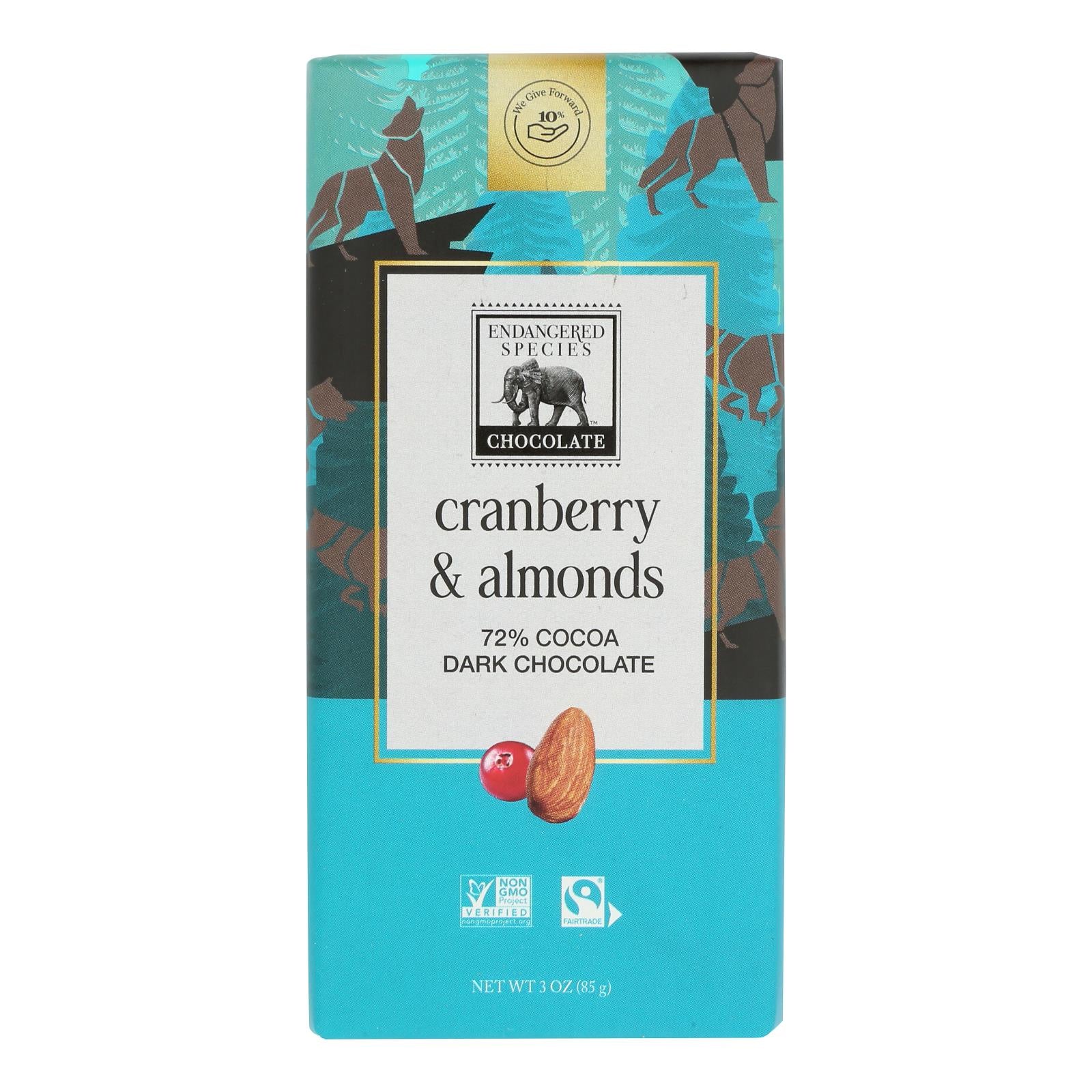Endangered Species Natural Chocolate Bars - Dark Chocolate - 72 Percent Cocoa - Cranberries and Almonds - 3 oz Bars - Case of 12