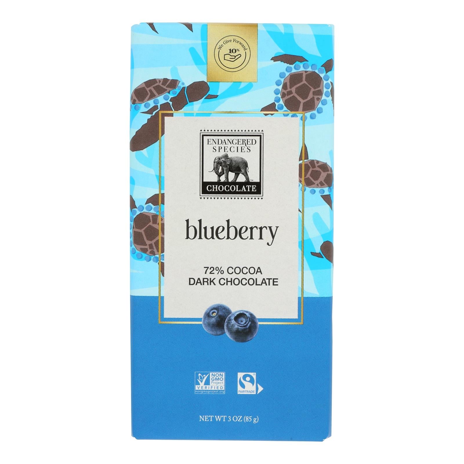 Endangered Species Natural Chocolate Bars - Dark Chocolate - 72 Percent Cocoa - Blueberries - 3 oz Bars - Case of 12