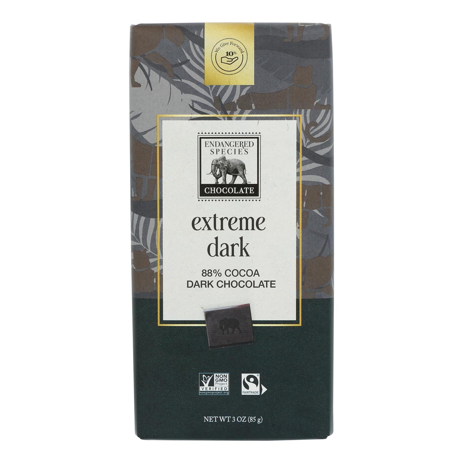 Endangered Species Natural Chocolate Bars - Dark Chocolate - 88 Percent Cocoa - 3 oz Bars - Case of 12