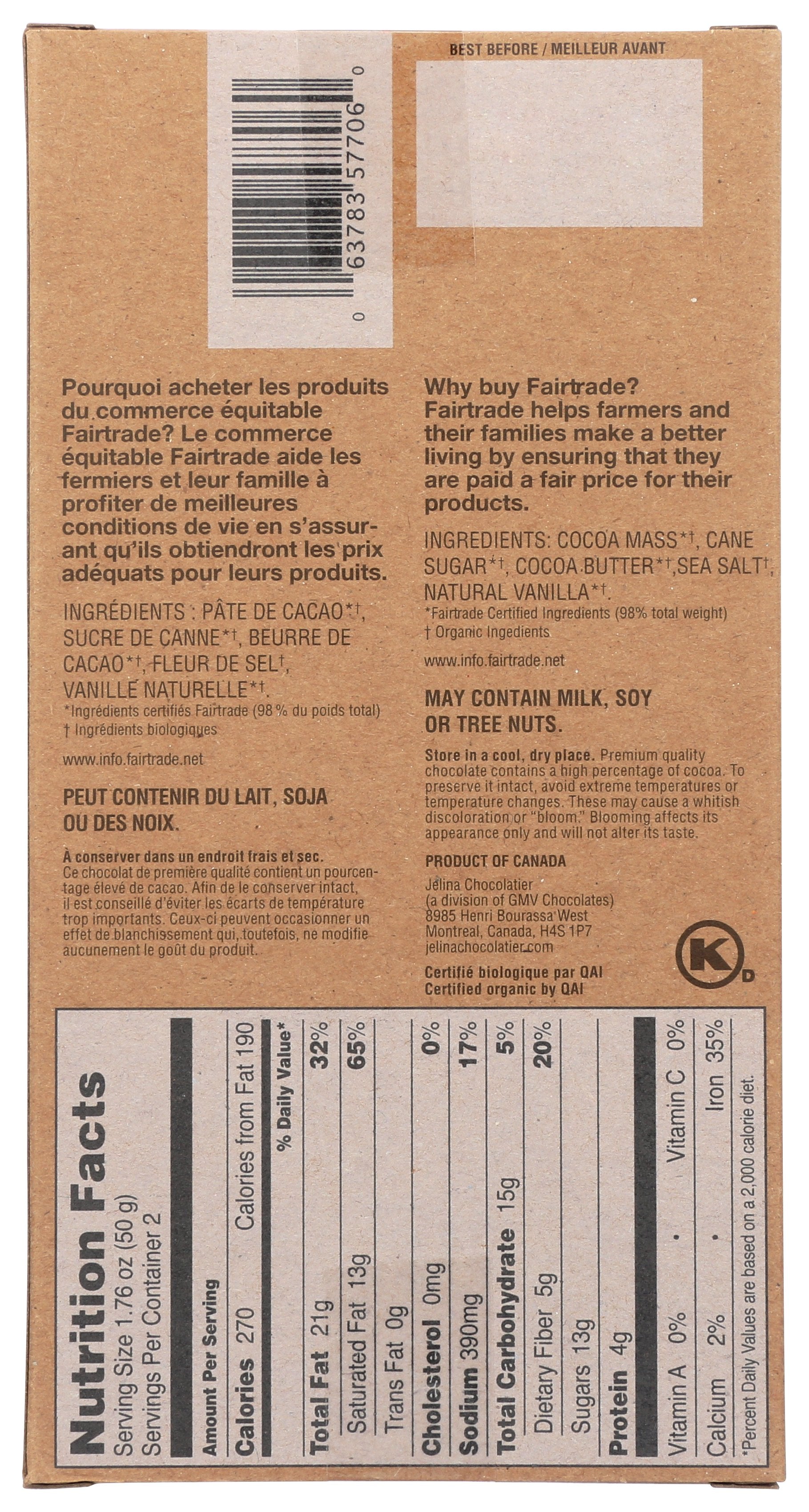 JELINA CHOCOLATIER CHOC BAR DRK SEASLT - Case of 8