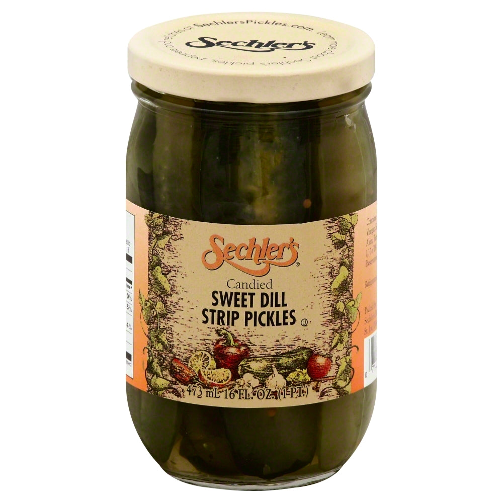 Sechlers Candied Sweet Dill Strip Pickles - Case of 6 - 16 fl oz
