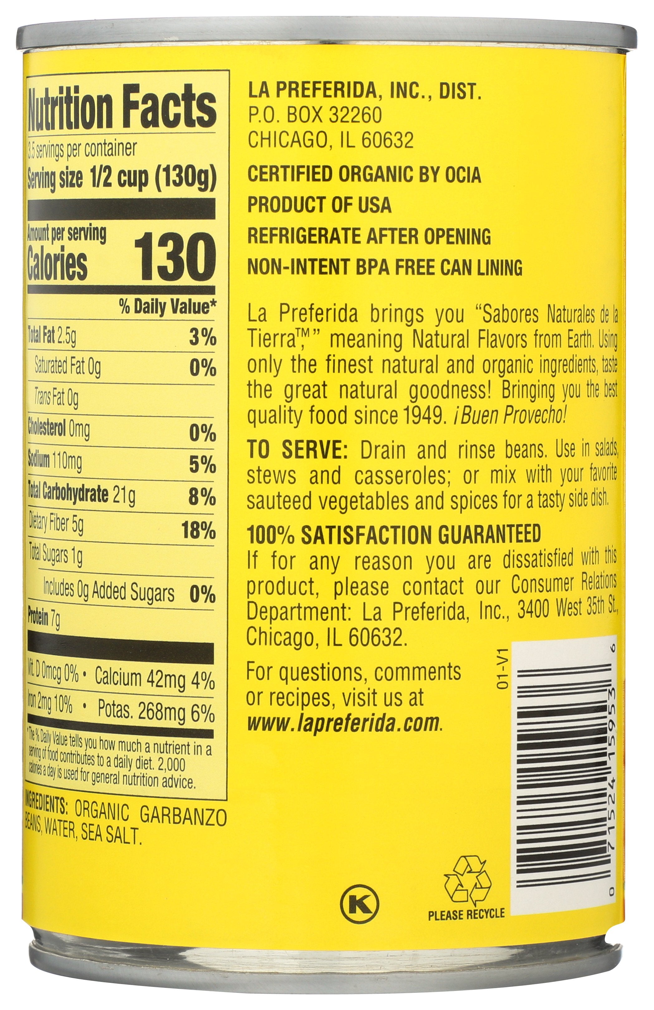 LA PREFERIDA BEAN CHICK PEA - Case of 12 [LP ORGANIC CHICK PEAS - 15 OZ]