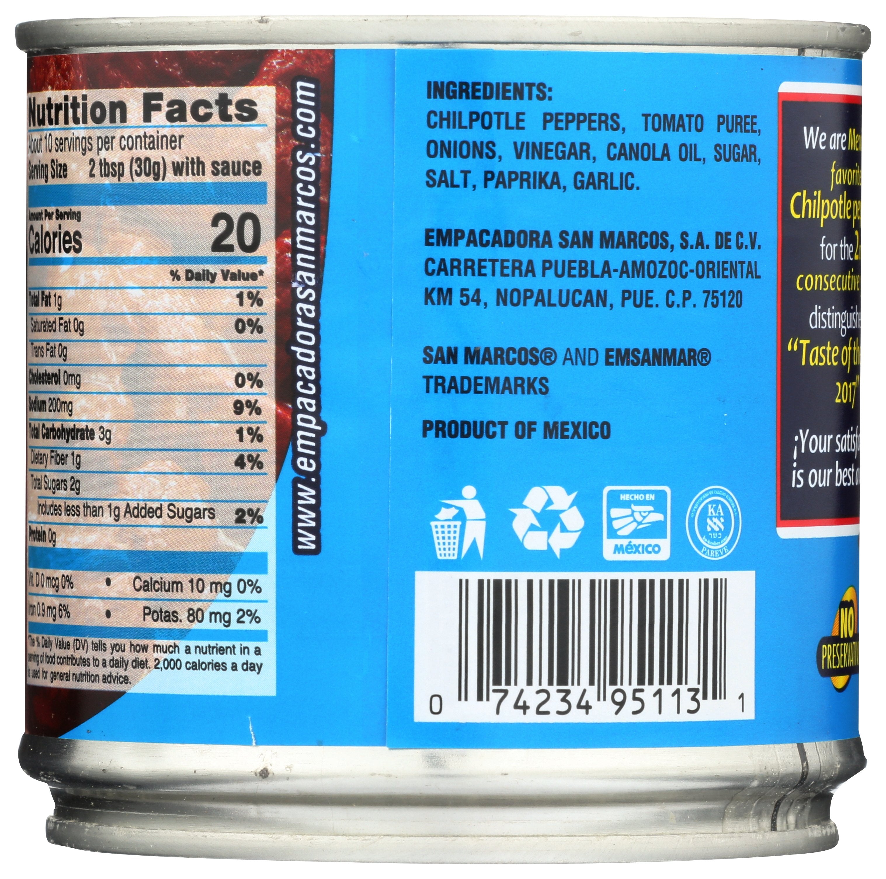 SAN MARCOS PEPPER CHIPOTLE - Case of 12 [Peppers Chipotle - 11 OZ]