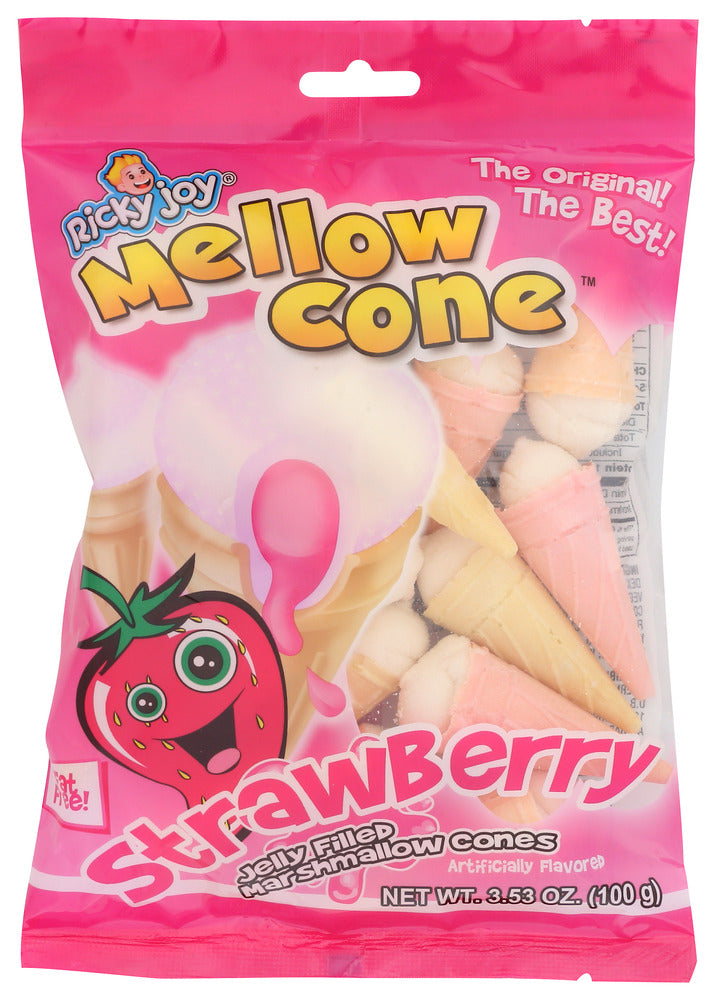 Ricky Joy: Mellow Cone Jelly-filled Marshmallow Cones Strawberry - Case of 18 - 3.53 oz