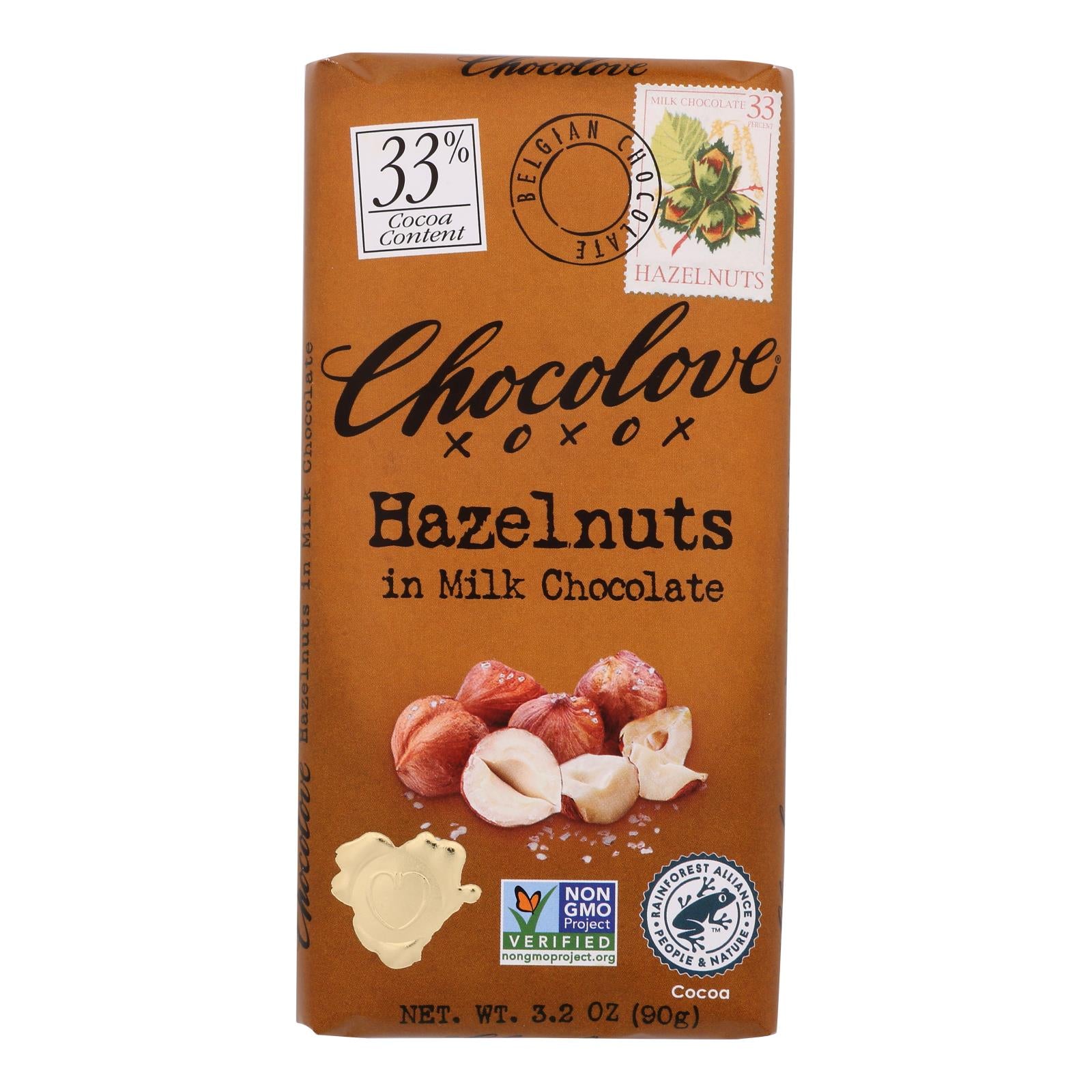Chocolove Xoxox - Premium Chocolate Bar - Milk Chocolate - Hazelnuts - 3.2 oz Bars - Case of 12