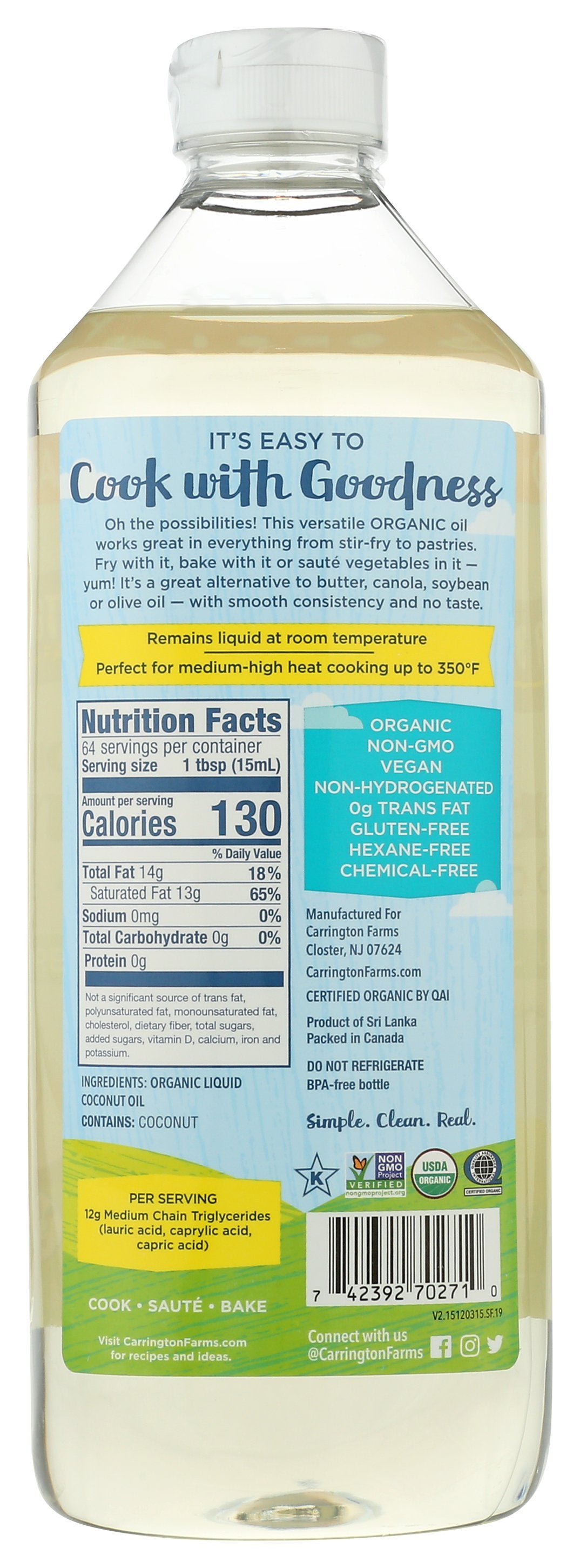 CARRINGTON FARMS OIL COCONUT - Case of 6 [ORGANIC COCONUT COOKING OIL - 32 FO]