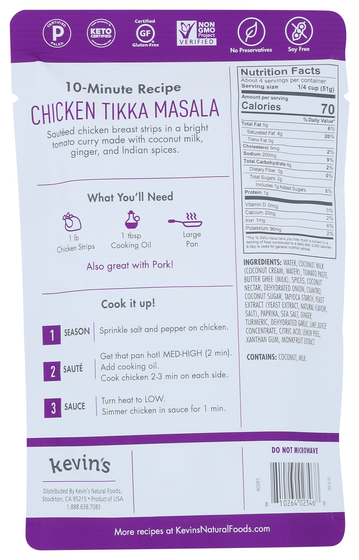 KEVINS NATURAL FOODS SAUCE TIKKA MASALA - Case of 12