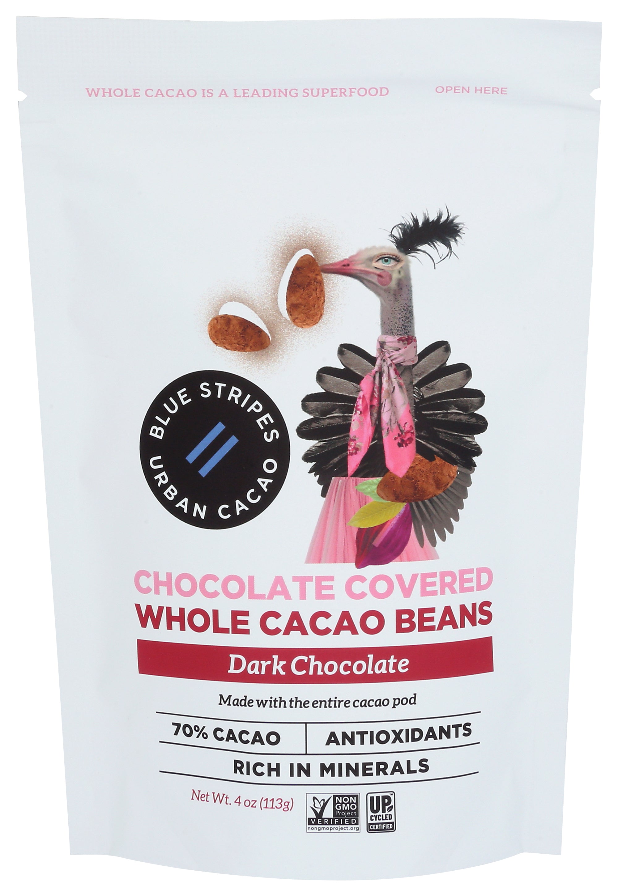 Blue Stripe Chocolate Covered Whole Cacao Beans Dark Chocolate - Case of 6 - 4 oz