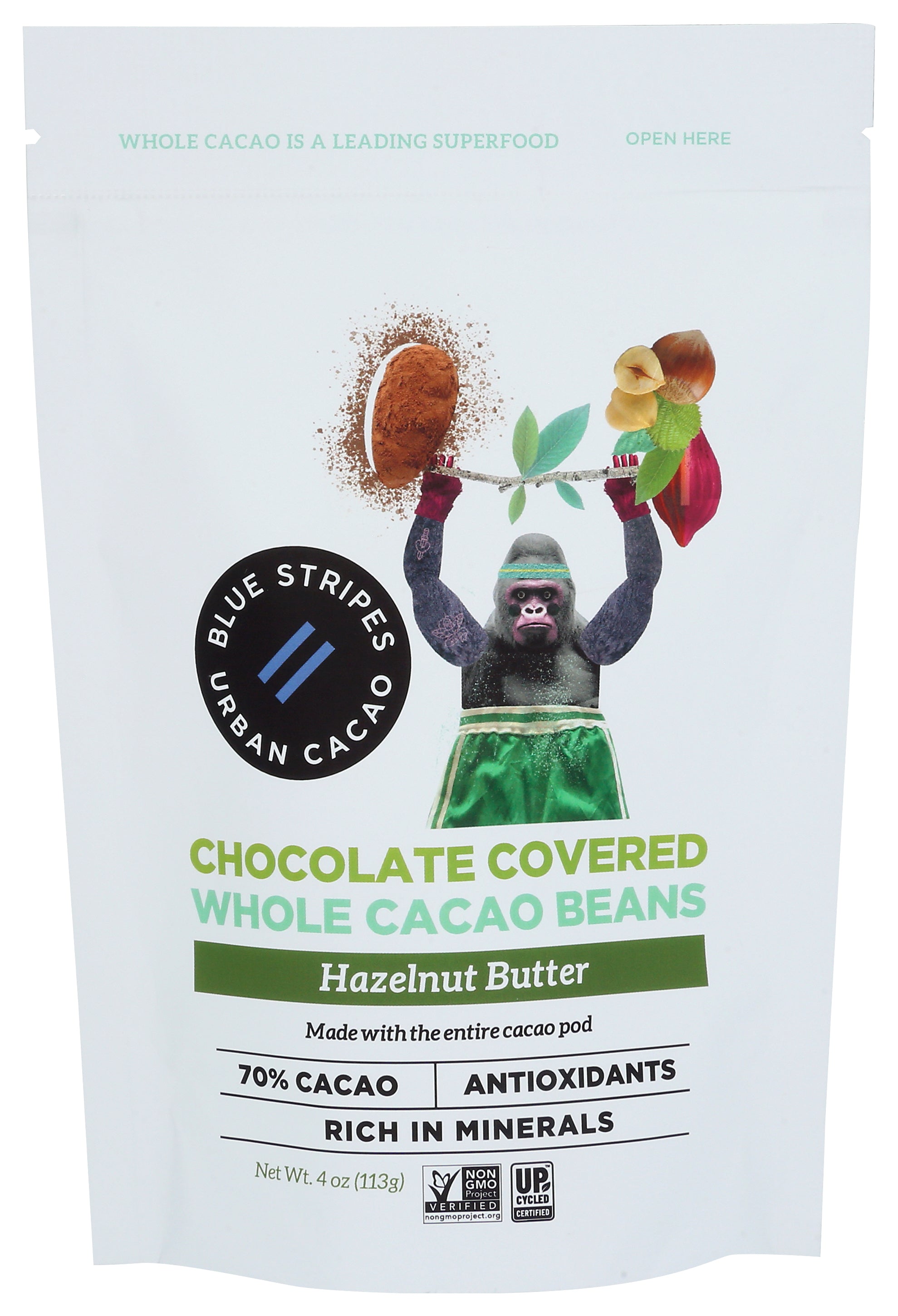 Blue Stripe Chocolate Covered Whole Cacao Beans Hazelnut Butter - Case of 6 - 4 oz