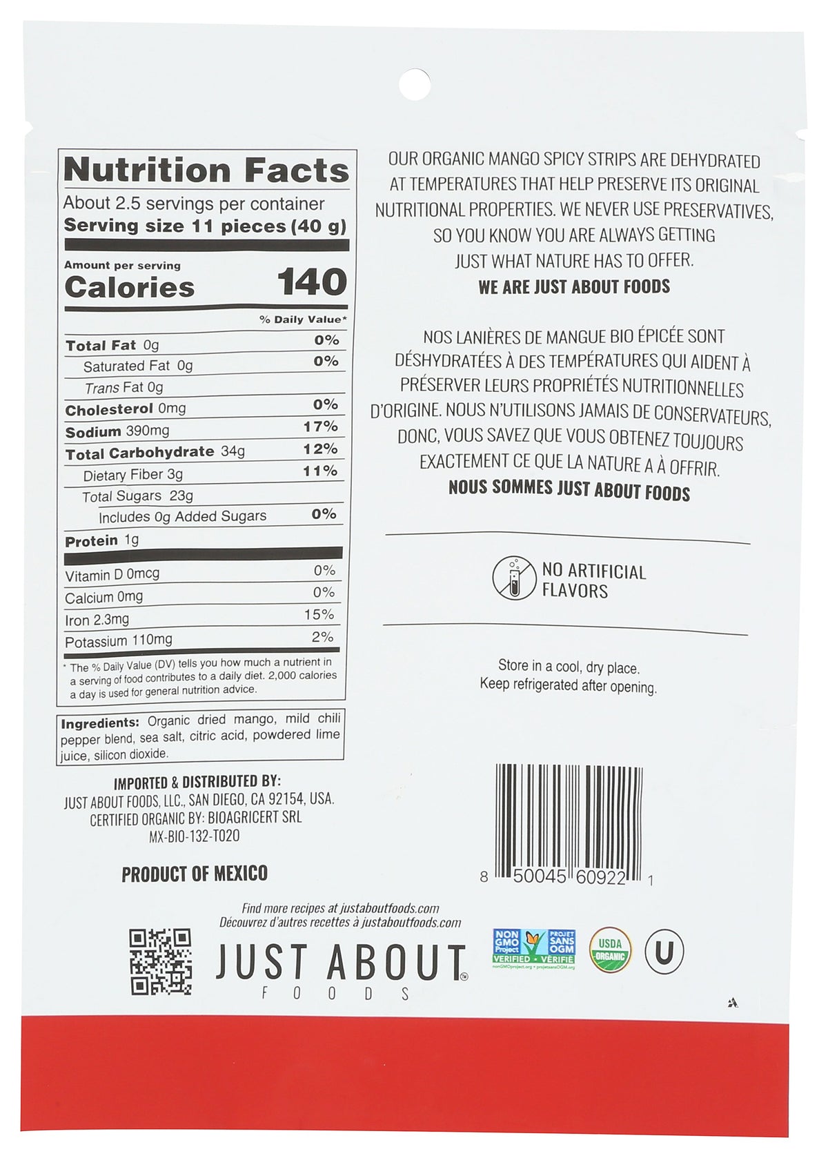 JUST ABOUT FOODS MANGO SPCY STRIPS DRIED - Case of 6