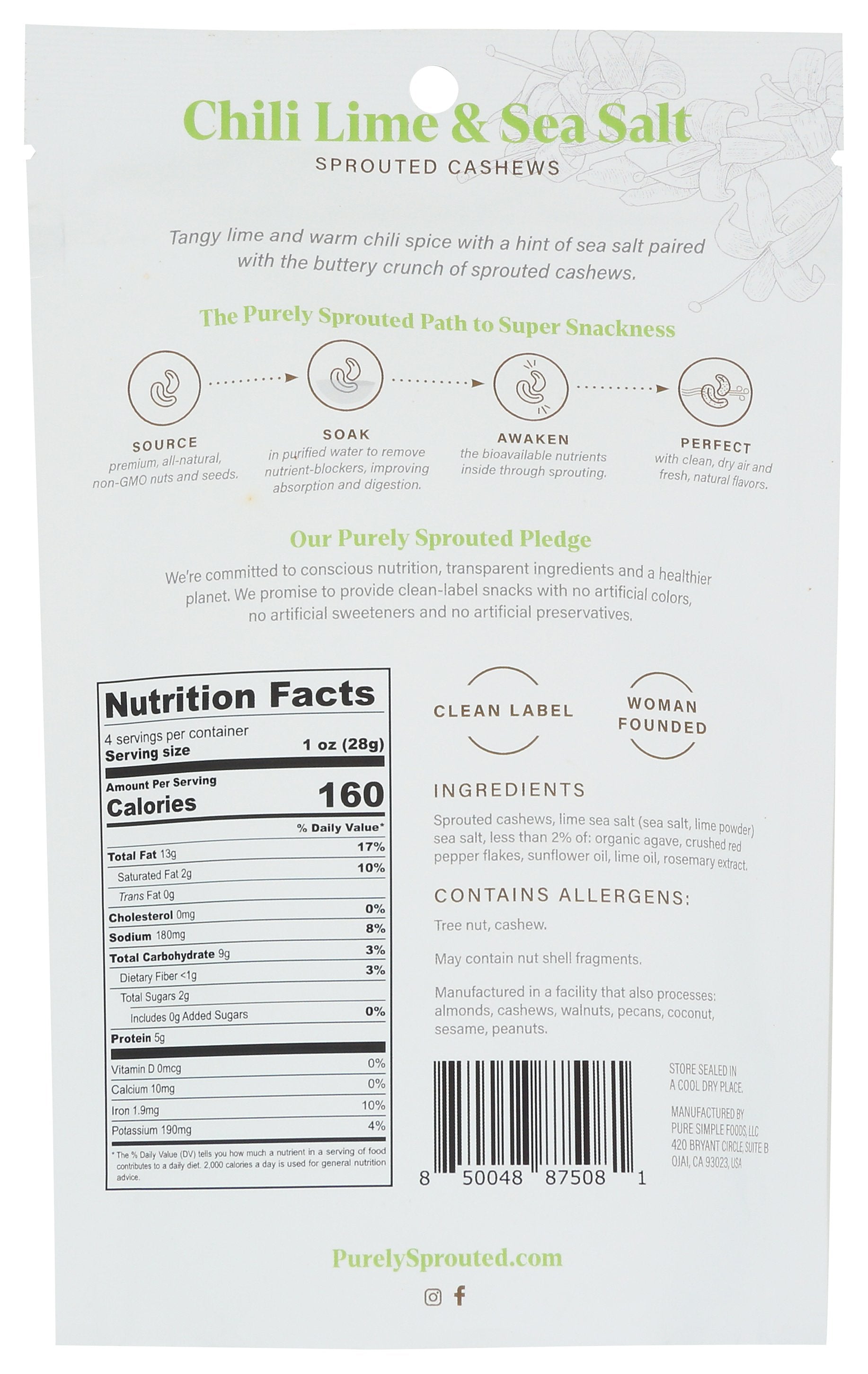 PURELY SPROUTED CASHEWS CHILI LIME SS - Case of 6