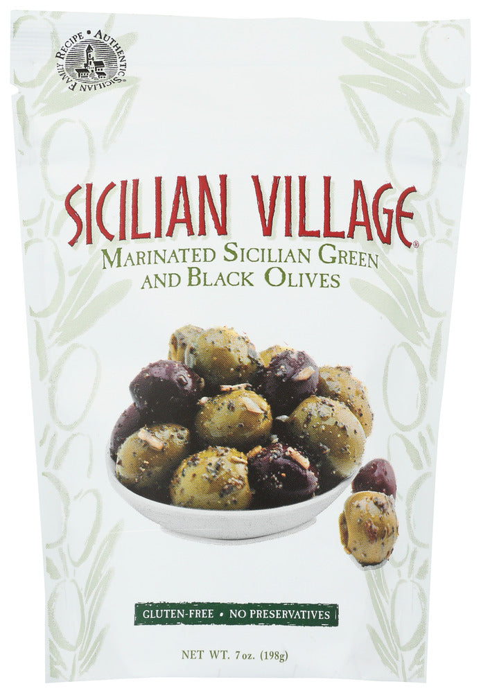 Sicilian Village Marinated Green & Black Olives - Case of 10 - 7 oz.