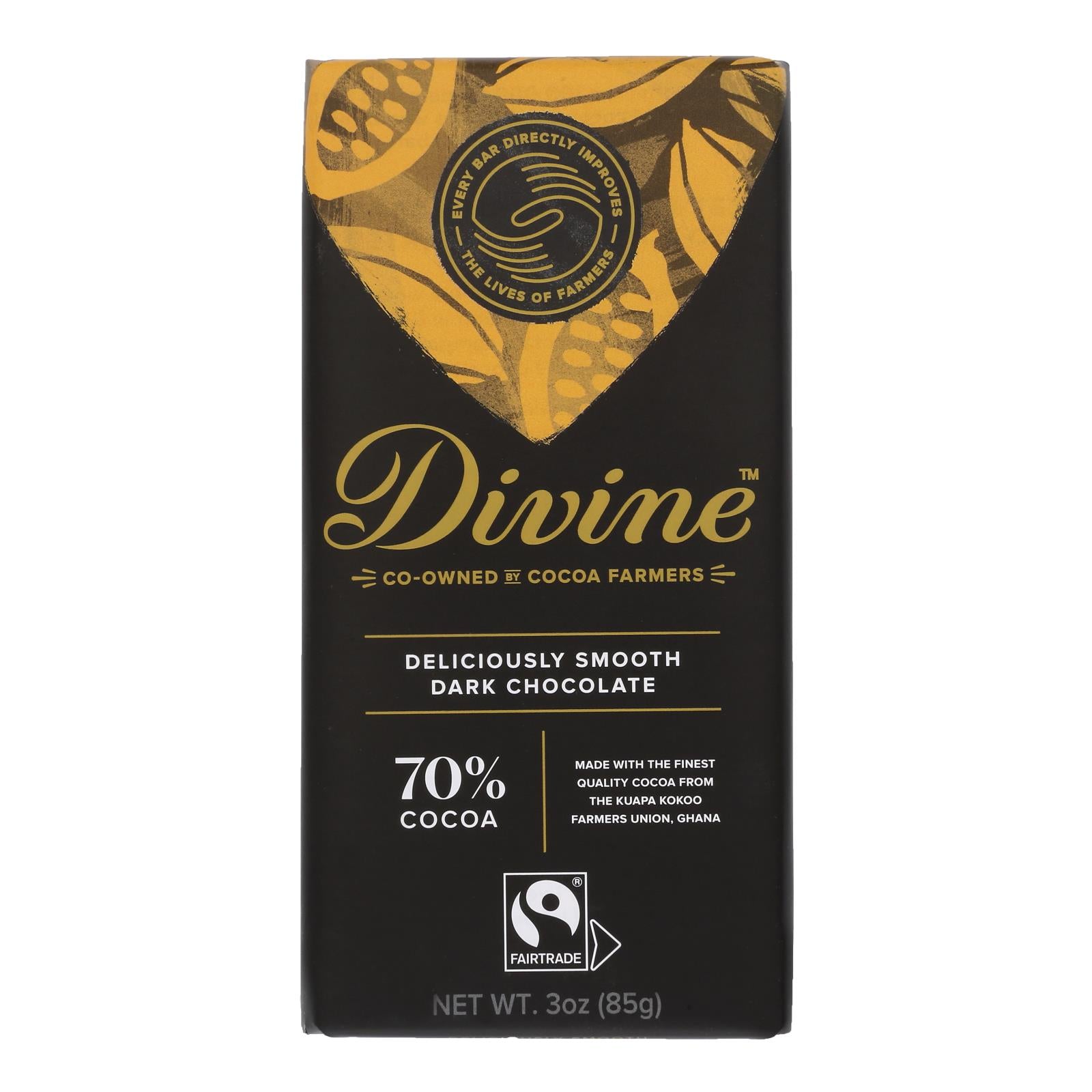 Divine - Bar Chocolate Dark 70% Cocoa - Case of 12 - 3 OZ