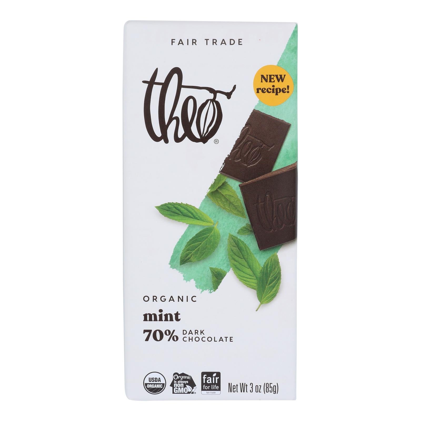 Theo Chocolate Organic Chocolate Bar - Classic - Dark Chocolate - 70 Percent Cacao - Mint - 3 oz Bars - Case of 12