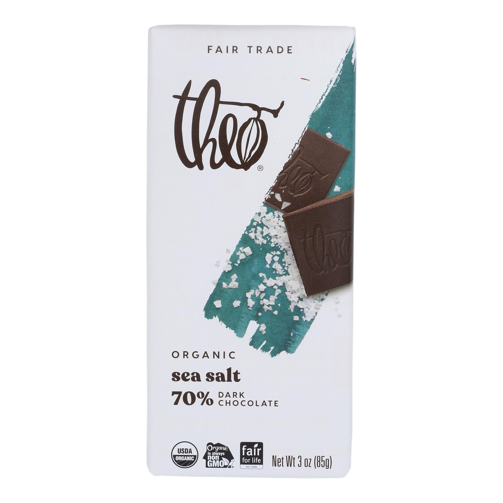 Theo Chocolate Organic Chocolate Bar - Classic - Dark Chocolate - 70 Percent Cacao - Sea Salt - 3 oz Bars - Case of 12
