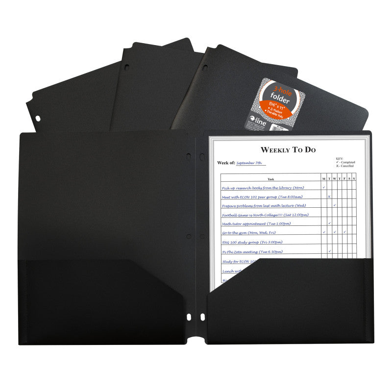 Two-Pocket Heavyweight Poly Portfolio Folder with Three-Hole Punch, Black, Each