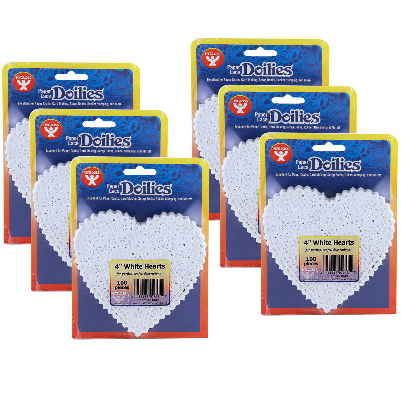 HYGLOSS - Heart Doilies, White, 4", 100 Per Pack, 6 Packs
