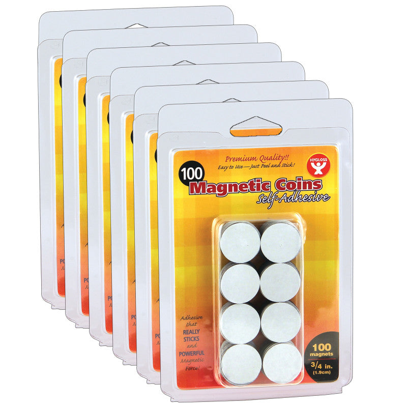 HYGLOSS - Self-Adhesive Magnetic Coins, 3/4-Inch, 100 Per Pack, 6 Packs