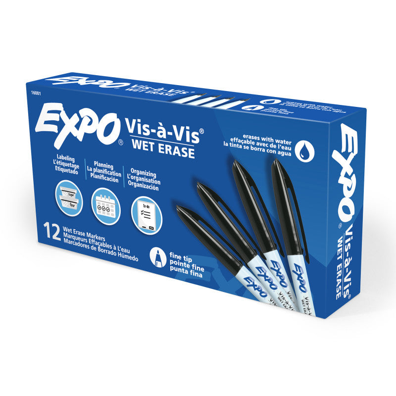 EXPO - Vis-a-Vis® Wet-Erase Overhead Transparency Markers, Fine Tip, Black, Box of 12