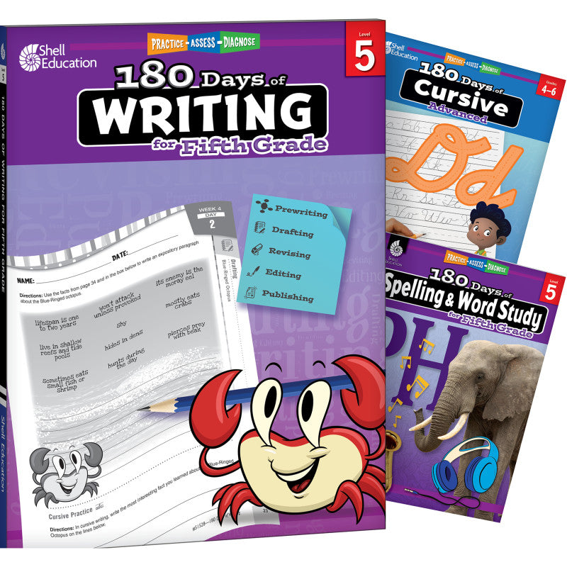 SHELL EDUCATION - 180 Days Writing, Spelling, & Cursive Grade 5: 3-Book Set