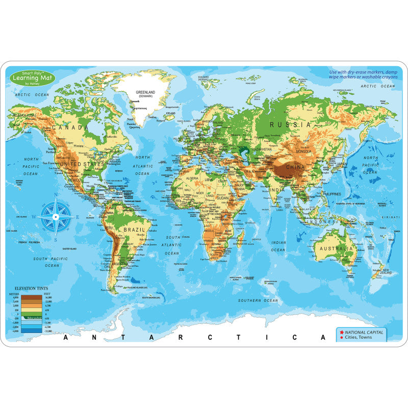 Smart Poly™ Learning Mat, 12" x 17", Double-Sided, World Physical Map
