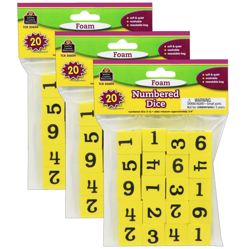 TEACHER CREATED RESOURCES - Foam Numbered Dice (1-6), 20 Per Pack, 3 Packs
