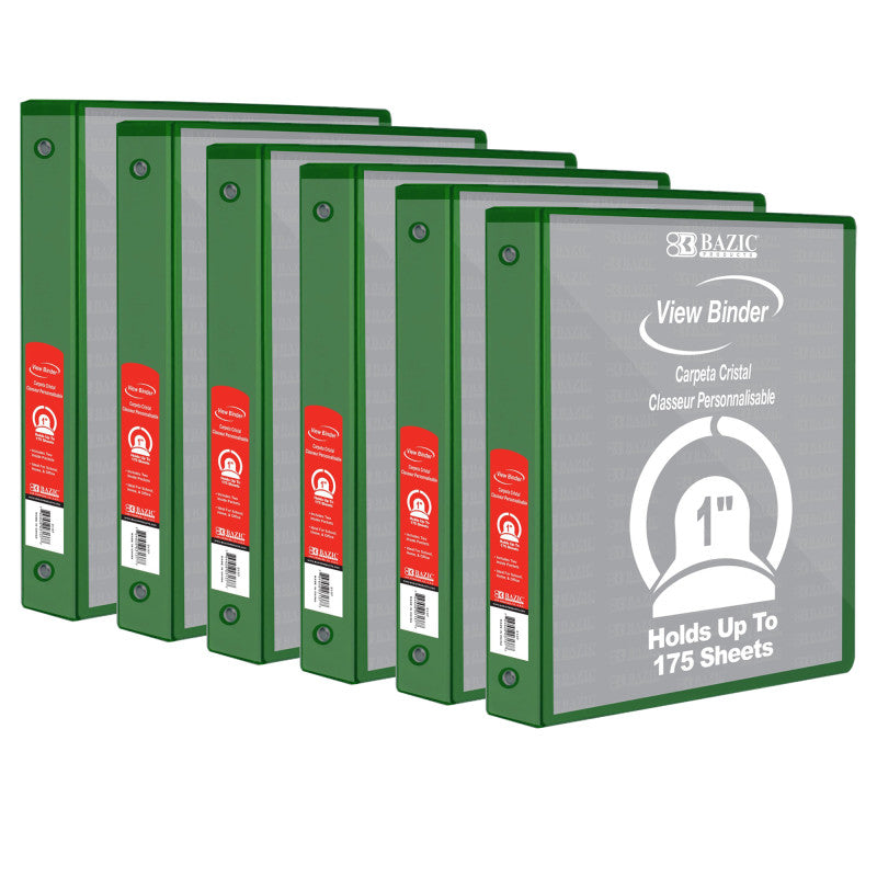 BAZIC PRODUCTS - 3-Ring View Binder with 2 Pockets, 1", Green, Pack of 6