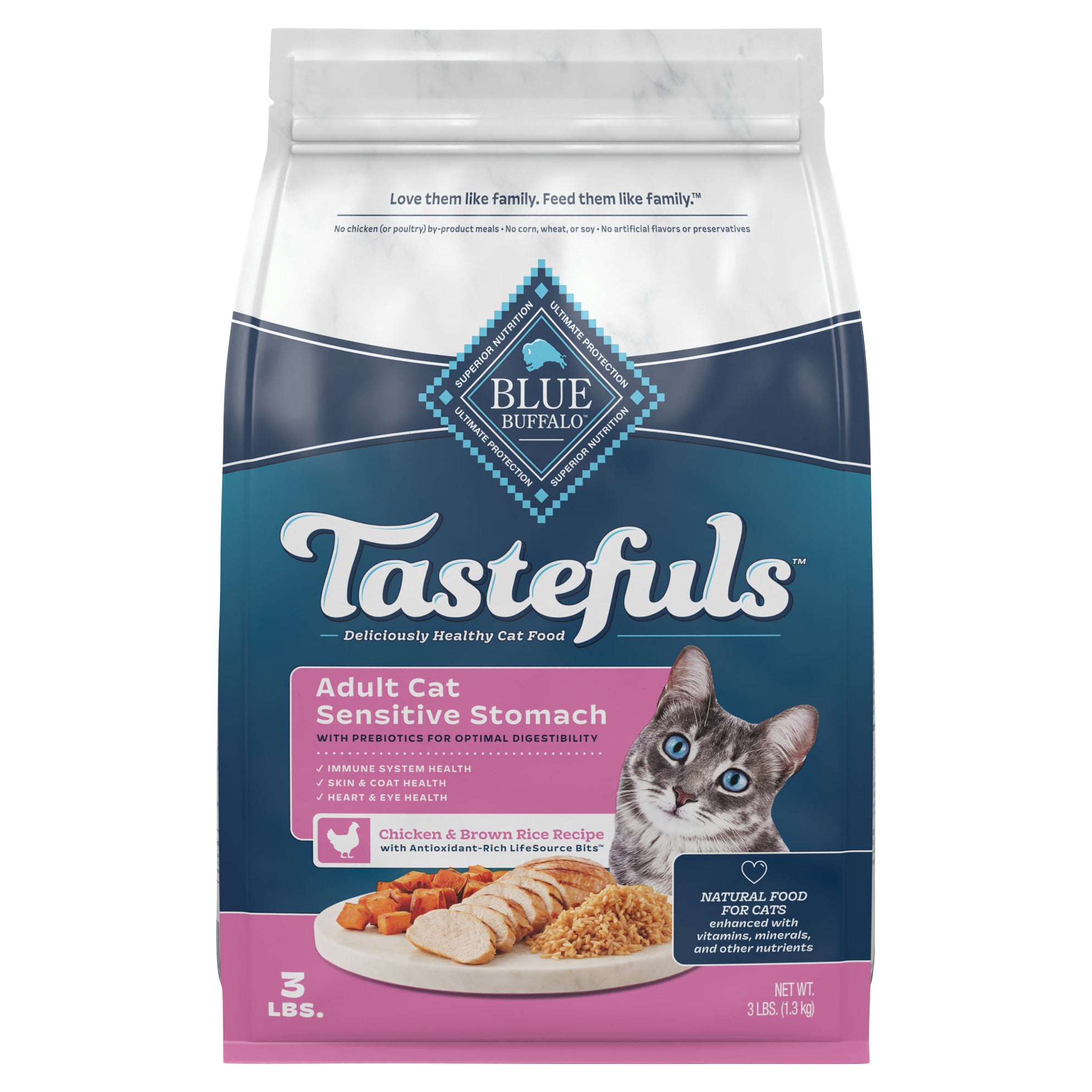 Blue Buffalo Tastefuls Natural Dry Food for Adult Cats, Sensitive Stomach, Chicken & Brown Rice Recipe, 3-lb. Bag - Case of 5