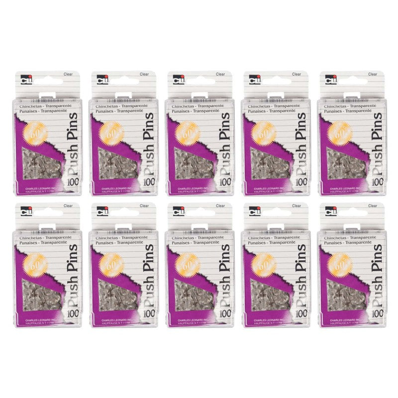 CHARLES LEONARD - Push Pins, Clear, 100 Per Box, 10 Boxes