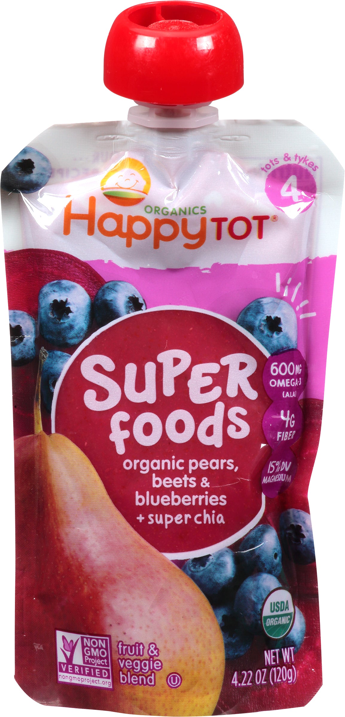 HappyTot Organics Super Foods Pears, Beets & Blueberries with Super Chia Fruit & Veggie Blend 4.22 oz - Case of 16