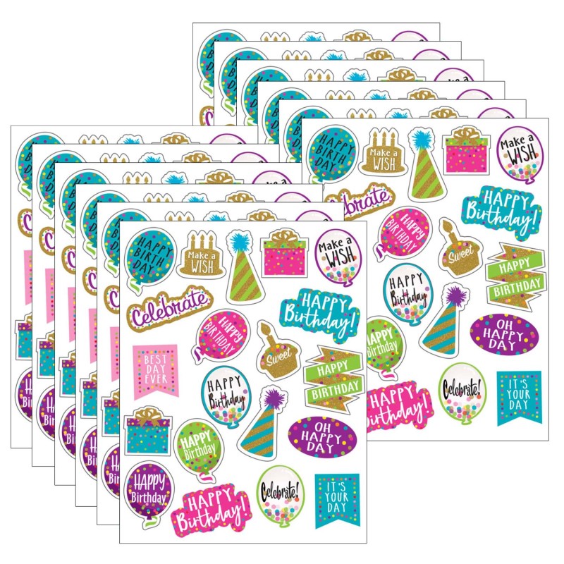 TEACHER CREATED RESOURCES - Confetti Happy Birthday Stickers, 120 Per Pack, 12 Packs