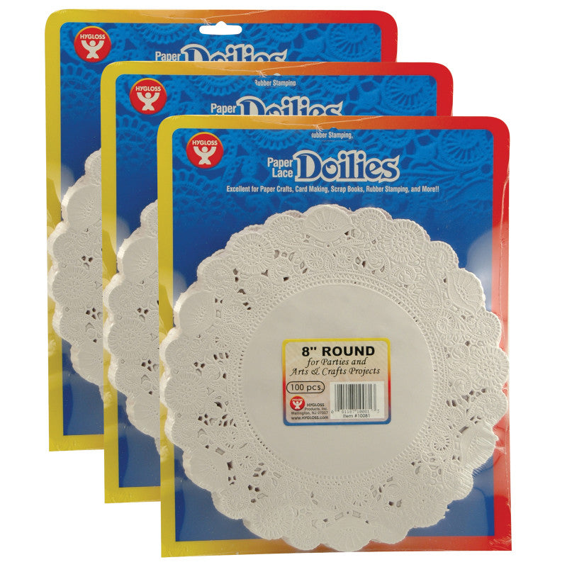 HYGLOSS - Round Paper Lace Doilies, White, 8", 100 Per Pack, 3 Packs