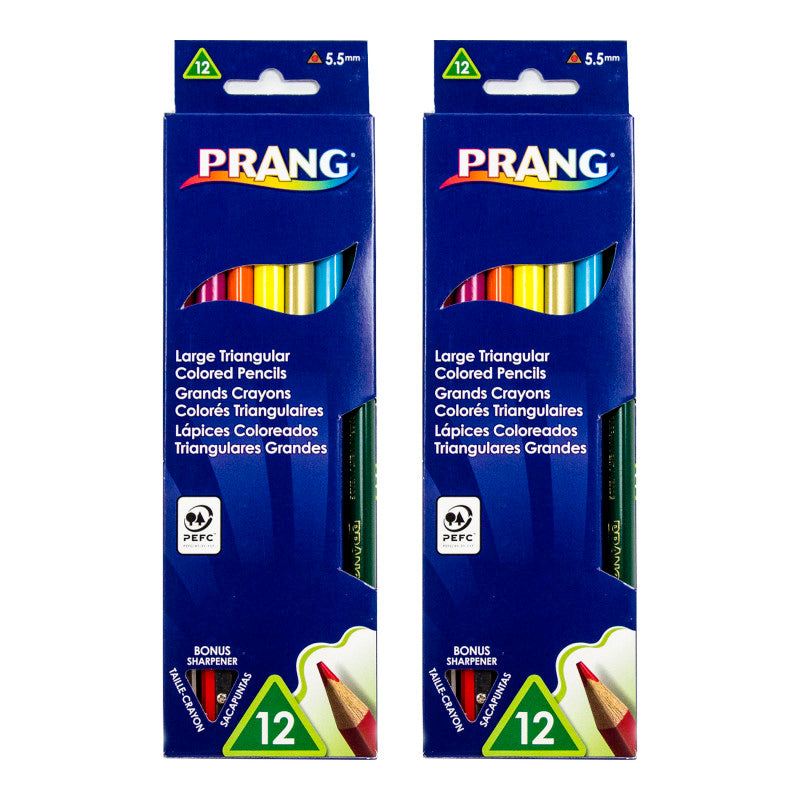 PRANG - Triangular Colored Pencils, 5.5 mm core, With Sharpener, Assorted Colors, 12 Per Pack, 2 Packs