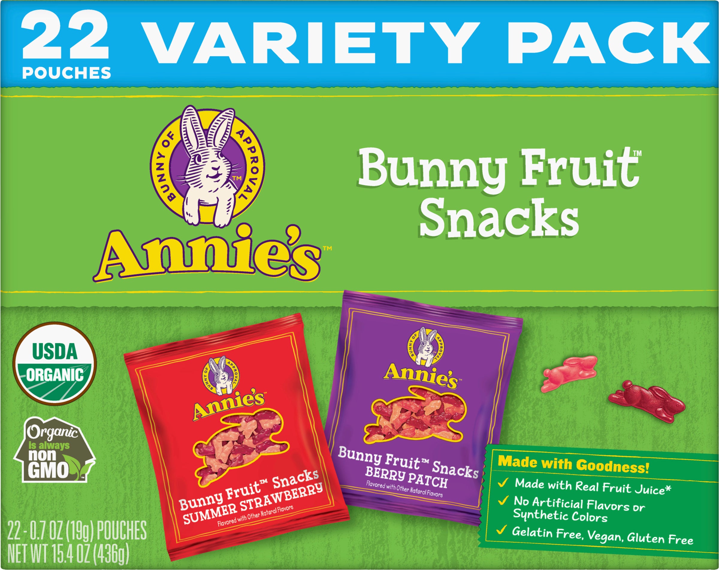 Annie's Variety Pack Summer Strawberry Berry Patch Bunny Fruit Snacks 22-0.7 oz Pouches - Case of 6