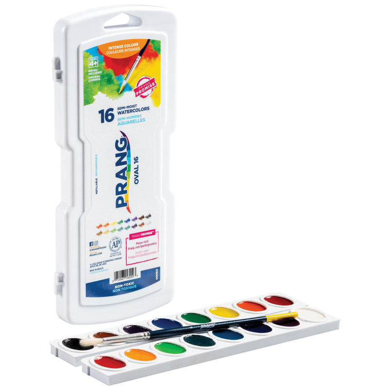 Semi-Moist Watercolor Paint Set, 16-Color Oval Pan with Brush