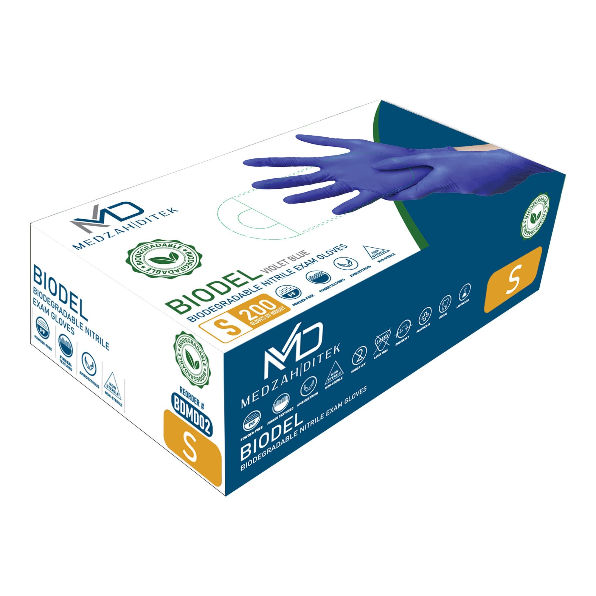 Medzah Industries - Exam Glove BIODEL Small NonSterile Nitrile Standard Cuff Length Textured Fingertips Violet Blue Chemo Tested / Fentanyl Tested [2000/CS]