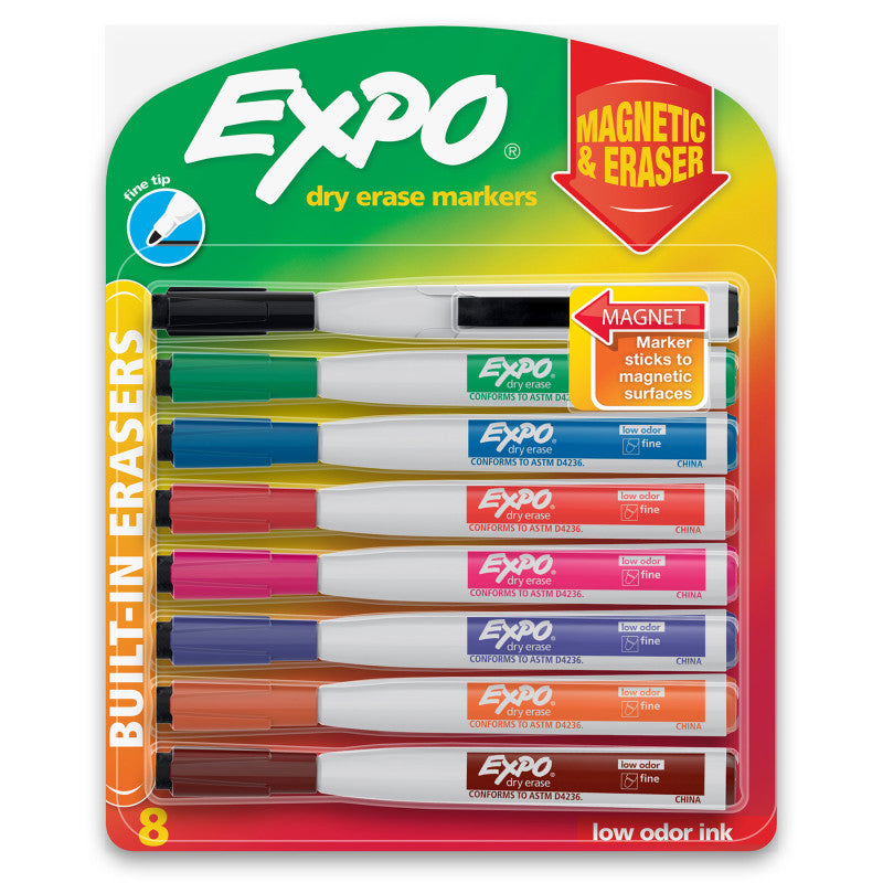 EXPO - Magnetic Dry Erase Markers with Eraser, Fine Tip, Assorted Colors, 8-Count