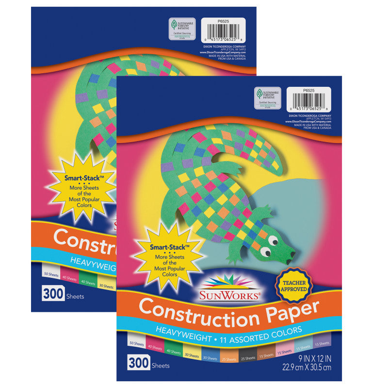 SUNWORKS - Construction Paper, 11 Assorted Colors, 9" x 12", 300 Sheets Per Pack, 2 Packs