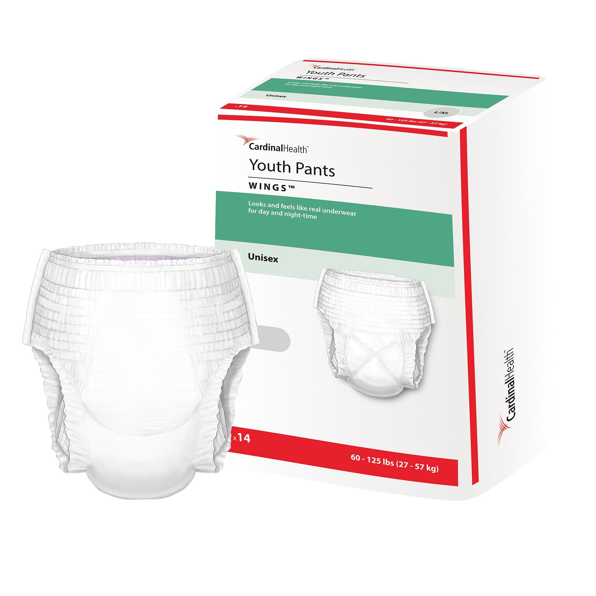 Cardinal - Unisex Youth Absorbent Underwear Cardinal Health™ Wings™ Pull On with Tear Away Seams Large / X-Large Disposable Heavy Absorbency [1/BG]